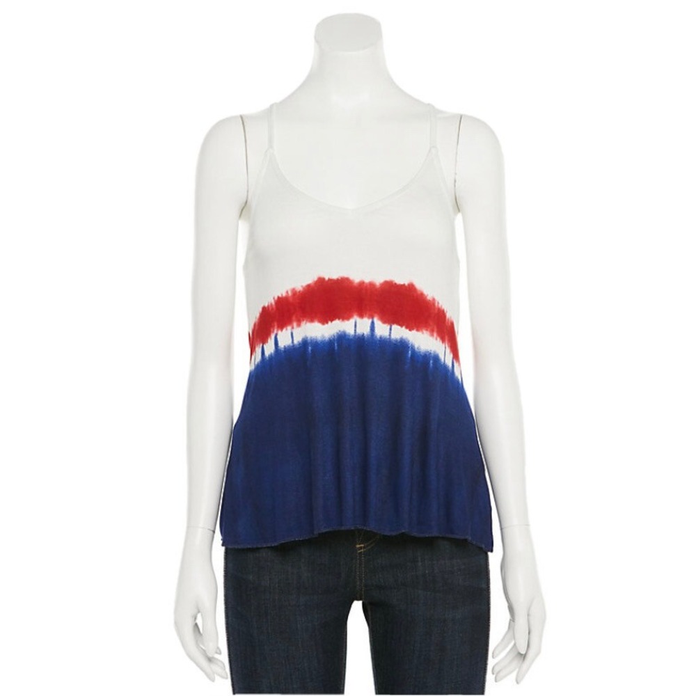 So Juniors Girls Tie Dye Patriotic Racerback Tee XS New with Tags Red White Blue